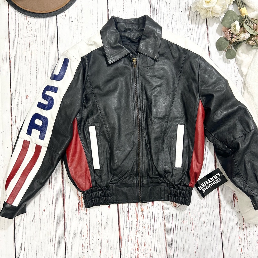 Genuine Leather vintage western bomber USA flag jacket NWT - Picture 11 of 12